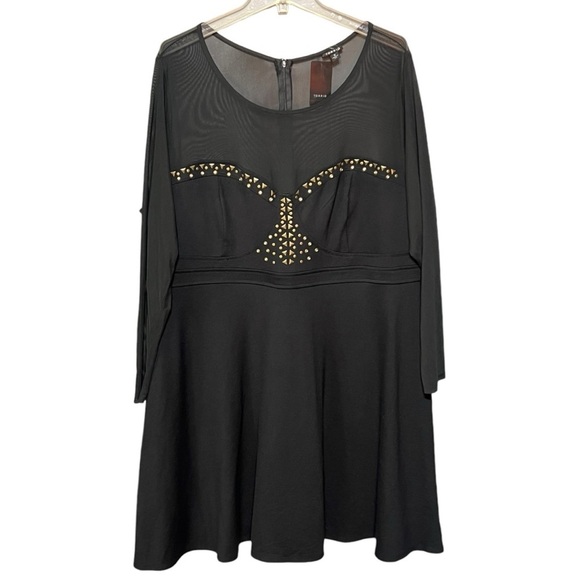 Torrid Long-Sleeve Mesh-Studded Fit-N-Flare Combo Skater Dress Black 3X - Picture 2 of 6
